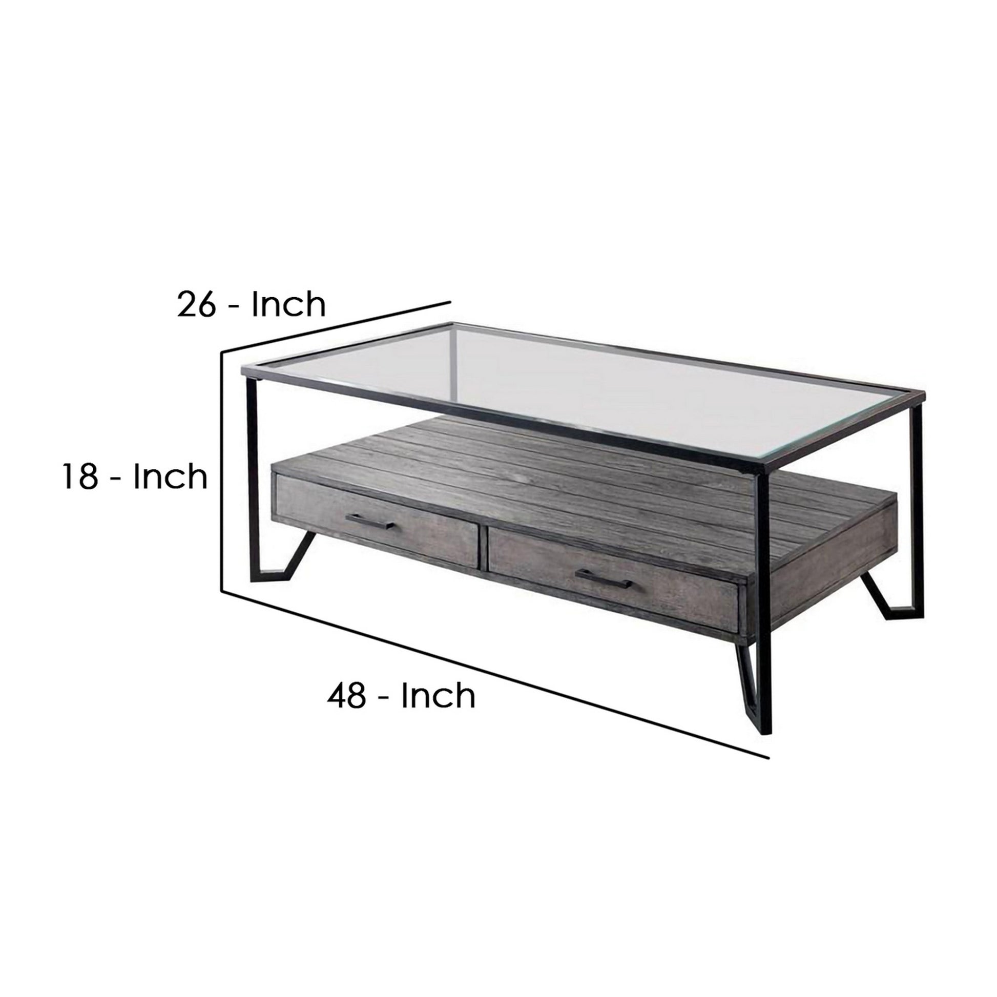 48 Inch Metal Coffee Table With Glass Top And 2 Drawers Gray By Benzara | Coffee Tables | Modishstore - 5