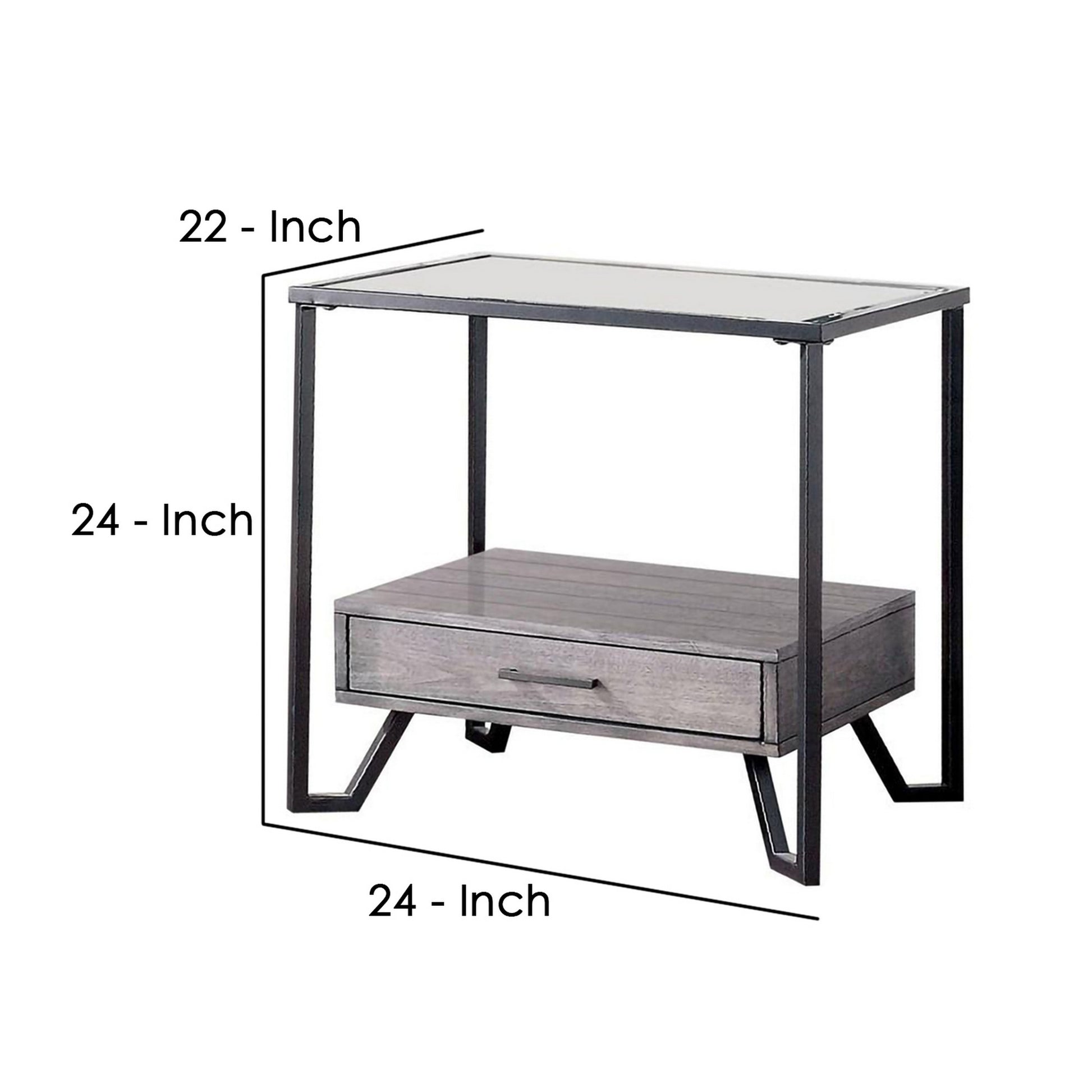 24 Inch Metal End Table With Glass Top And 1 Drawer Gray By Benzara | End Tables | Modishstore - 5