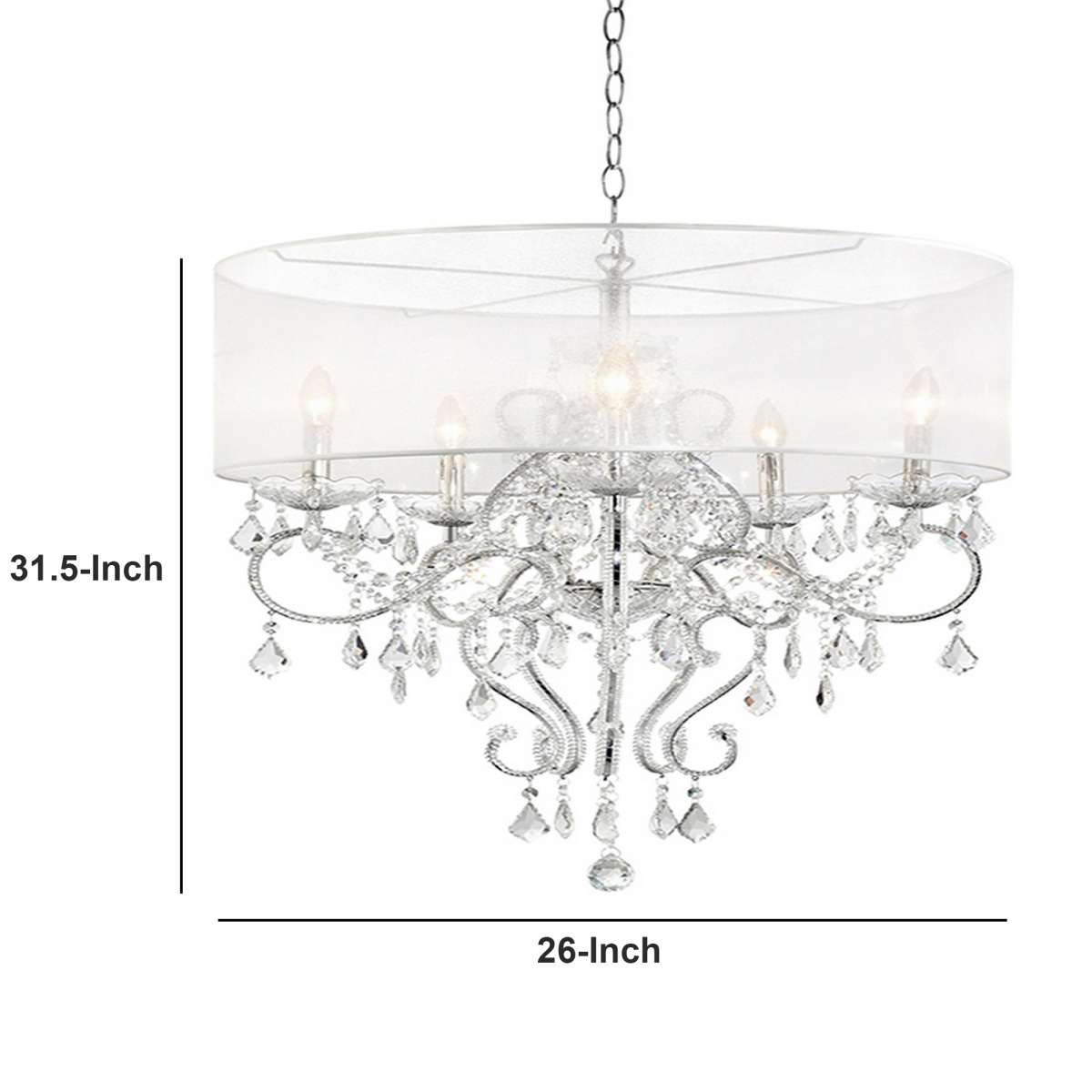 Ceiling Lamp With Hanging Crystals And Round Canopy, Silver By Benzara | Ceiling Lamps |  Modishstore  - 2
