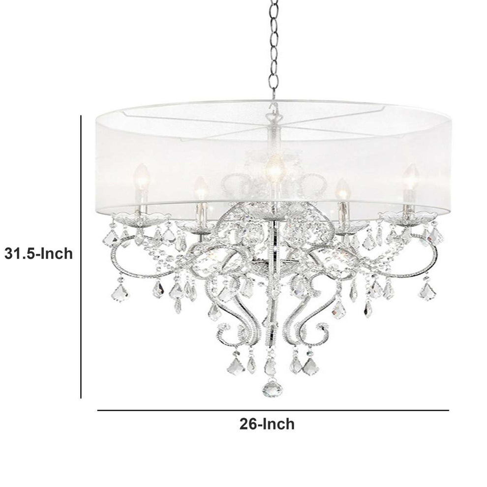 Ceiling Lamp With Hanging Crystals And Round Canopy, Silver By Benzara | Ceiling Lamps |  Modishstore  - 2