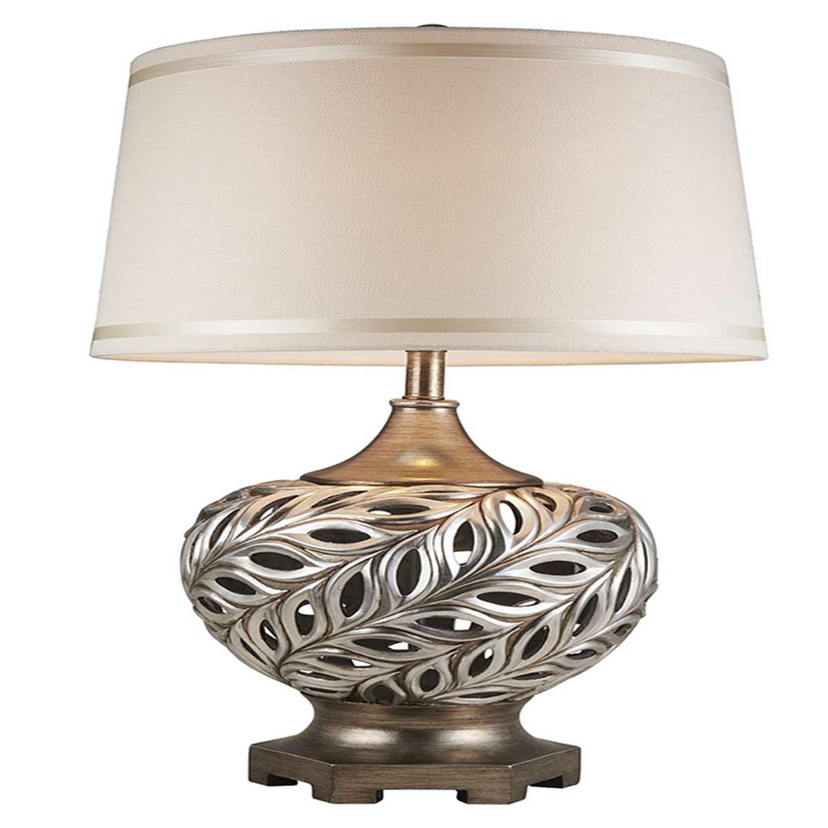 Table Lamp With Scrolled Peacock Feather Cutout Base, Silver By Benzara | Table Lamps |  Modishstore 