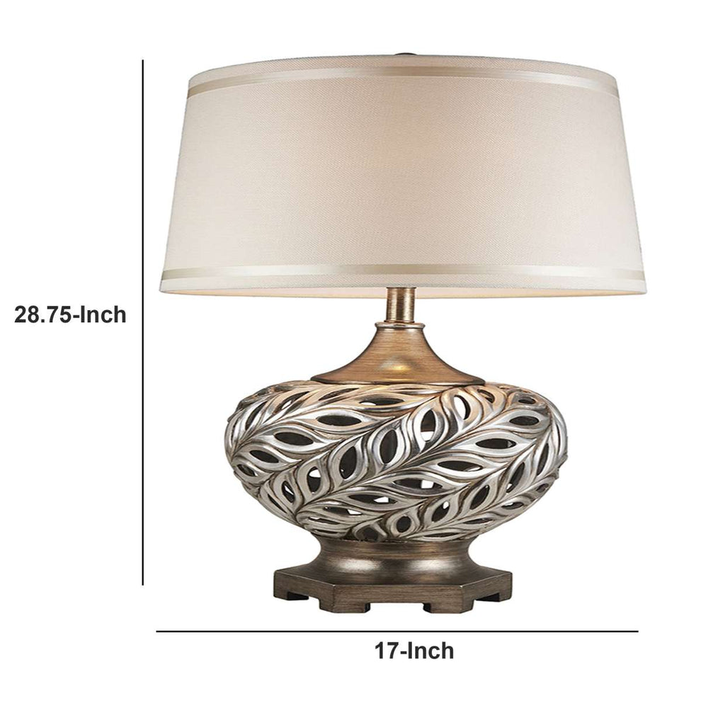 Table Lamp With Scrolled Peacock Feather Cutout Base, Silver By Benzara | Table Lamps |  Modishstore  - 2