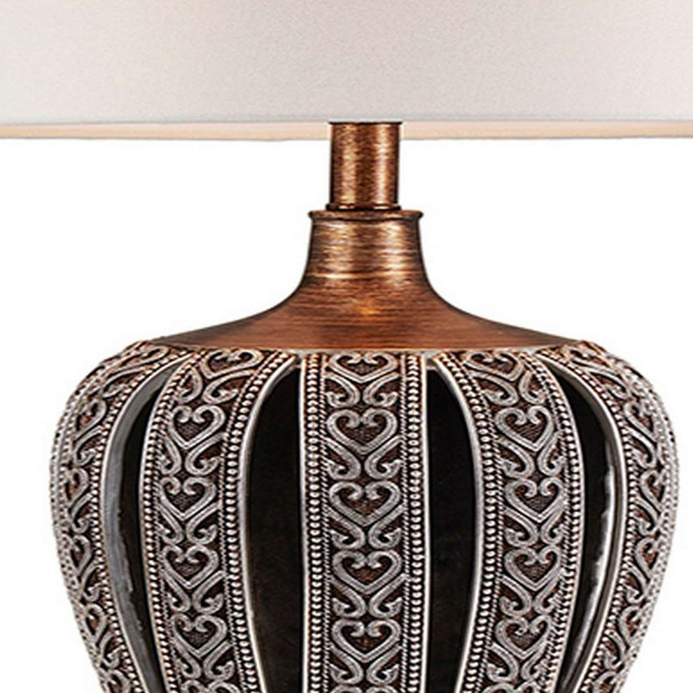 Table Lamp With Curved Paneled Polyresin Base, Bronze By Benzara | Table Lamps |  Modishstore  - 4
