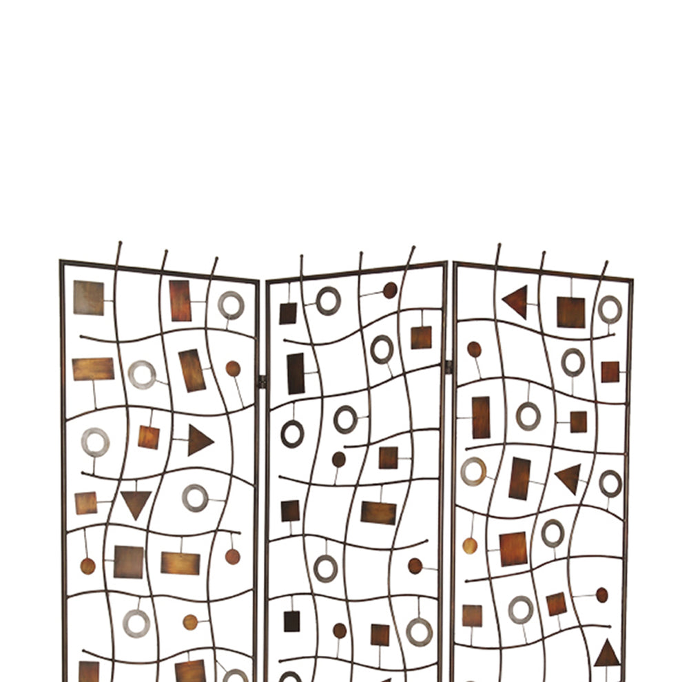 Foldable Metal Screen With Geometrical Design And 3 Panels, Brown By Benzara | Room Divider |  Modishstore  - 3
