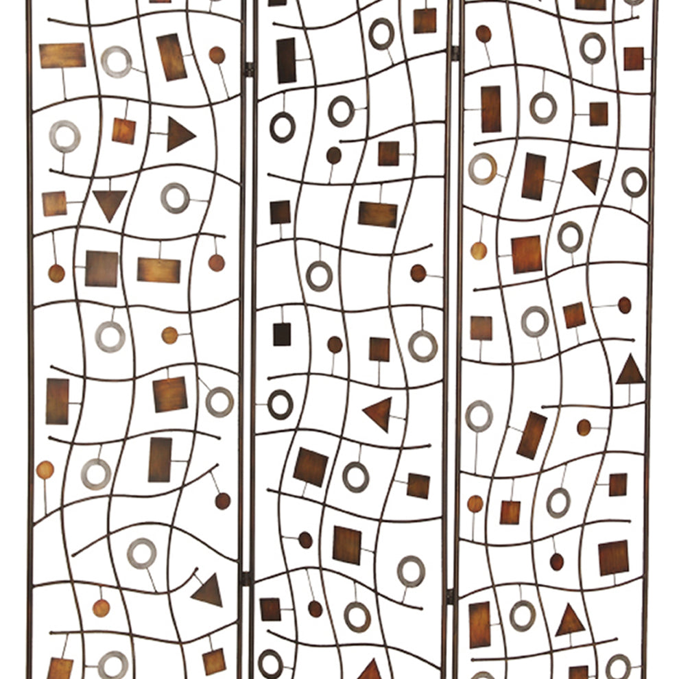 Foldable Metal Screen With Geometrical Design And 3 Panels, Brown By Benzara | Room Divider |  Modishstore  - 4