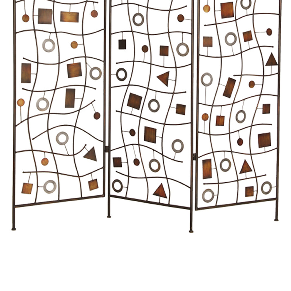 Foldable Metal Screen With Geometrical Design And 3 Panels, Brown By Benzara | Room Divider |  Modishstore  - 5