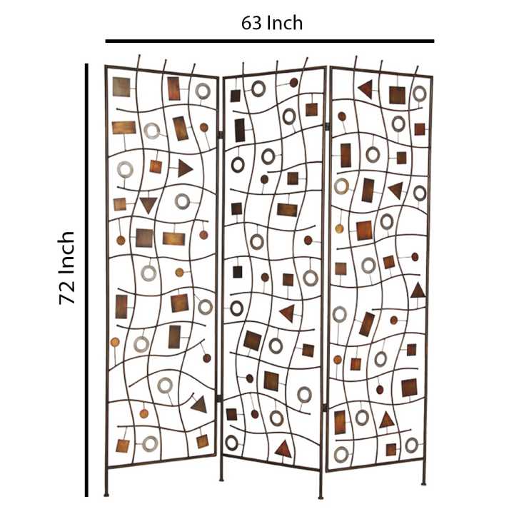 Foldable Metal Screen With Geometrical Design And 3 Panels, Brown By Benzara | Room Divider |  Modishstore  - 2