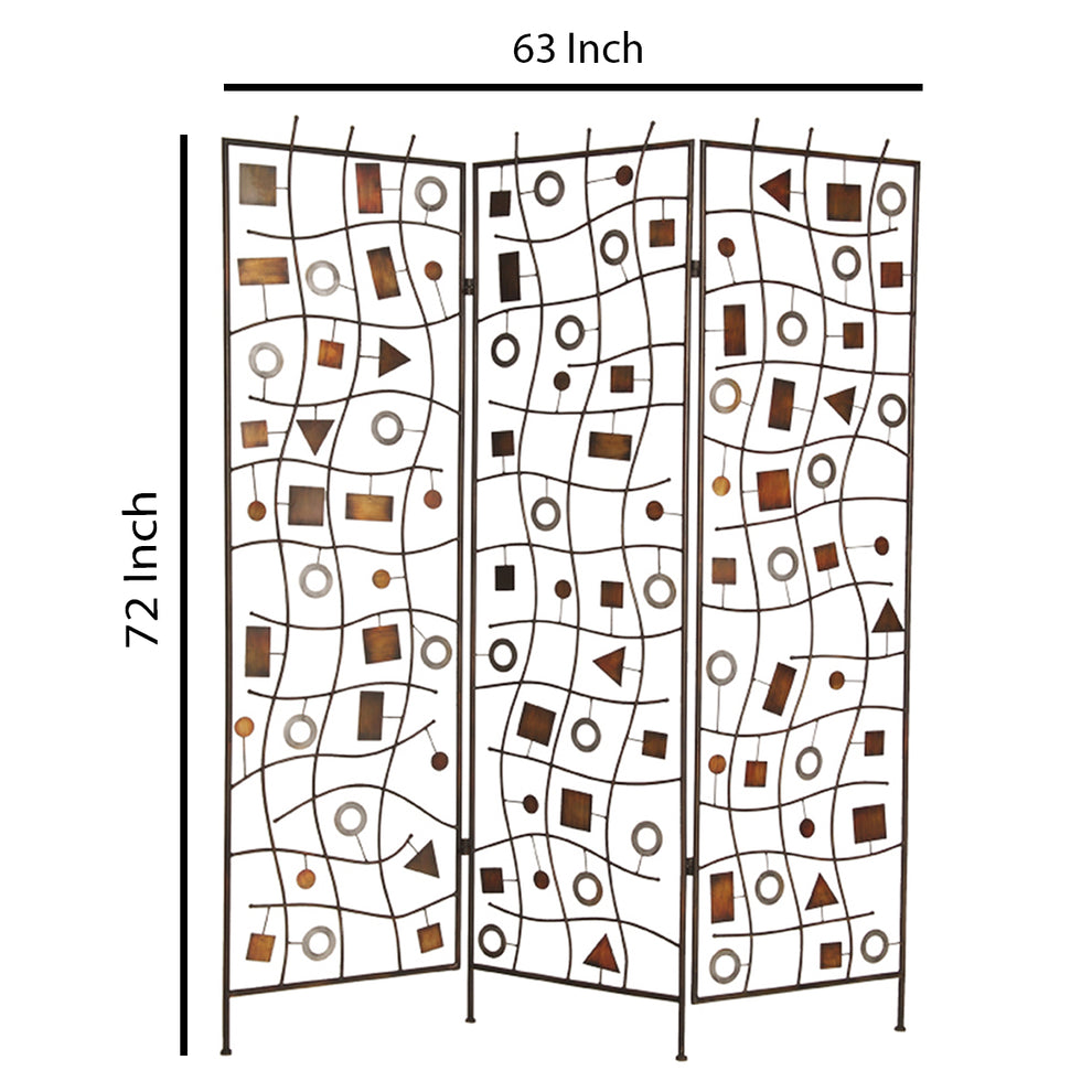 Foldable Metal Screen With Geometrical Design And 3 Panels, Brown By Benzara | Room Divider |  Modishstore  - 6