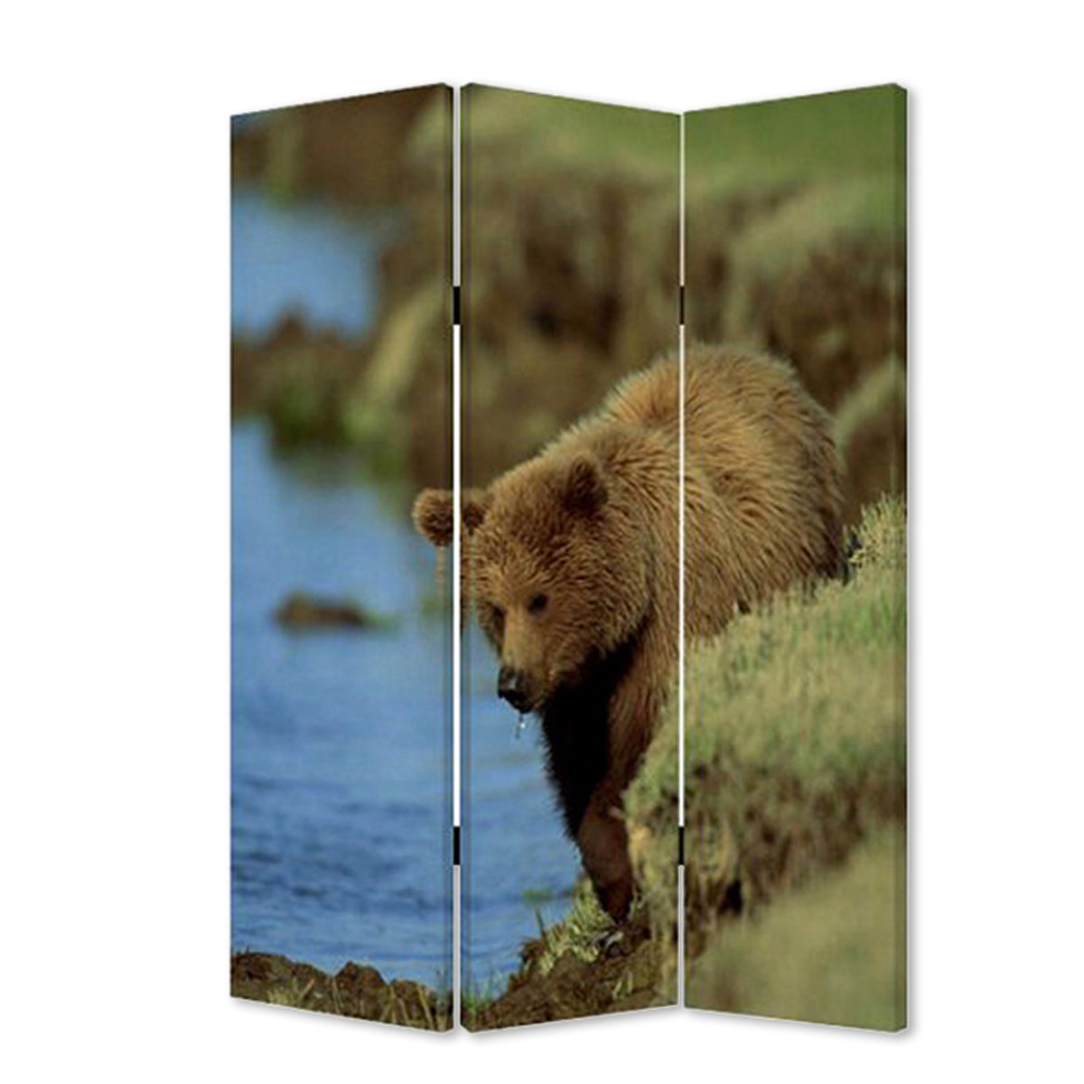 3 Panel Foldable Wooden Screen With Bear Print, Blue And Brown By Benzara | Room Divider |  Modishstore  - 2