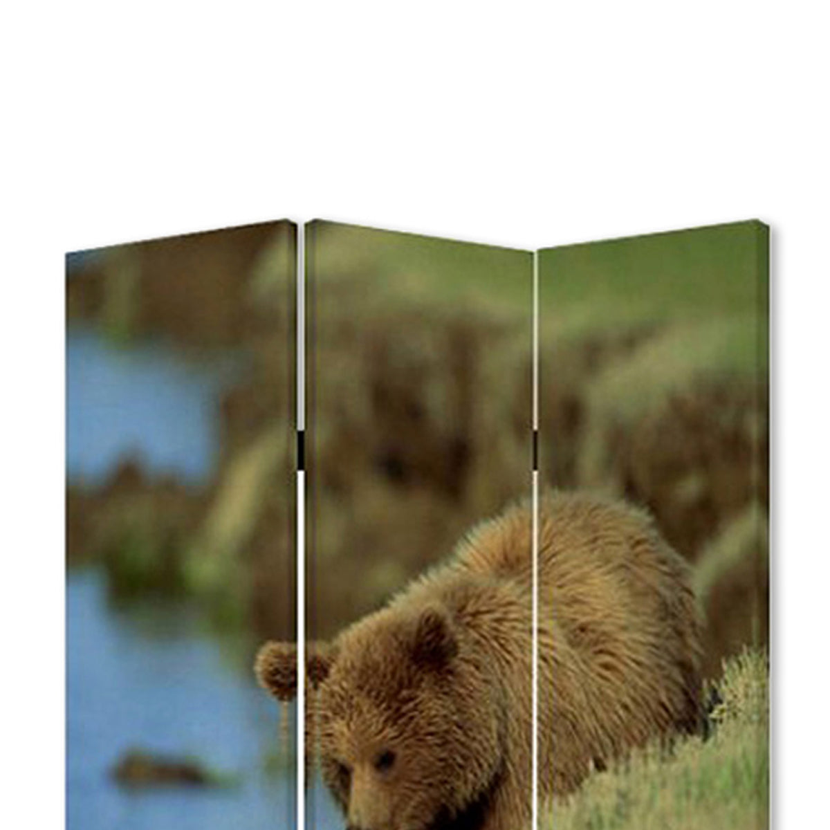 3 Panel Foldable Wooden Screen With Bear Print, Blue And Brown By Benzara | Room Divider |  Modishstore  - 3