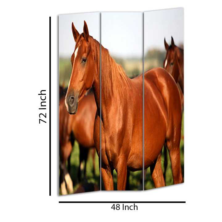 3 Panel Foldable Wooden Screen With Horse Print, Brown By Benzara | Room Divider |  Modishstore  - 2