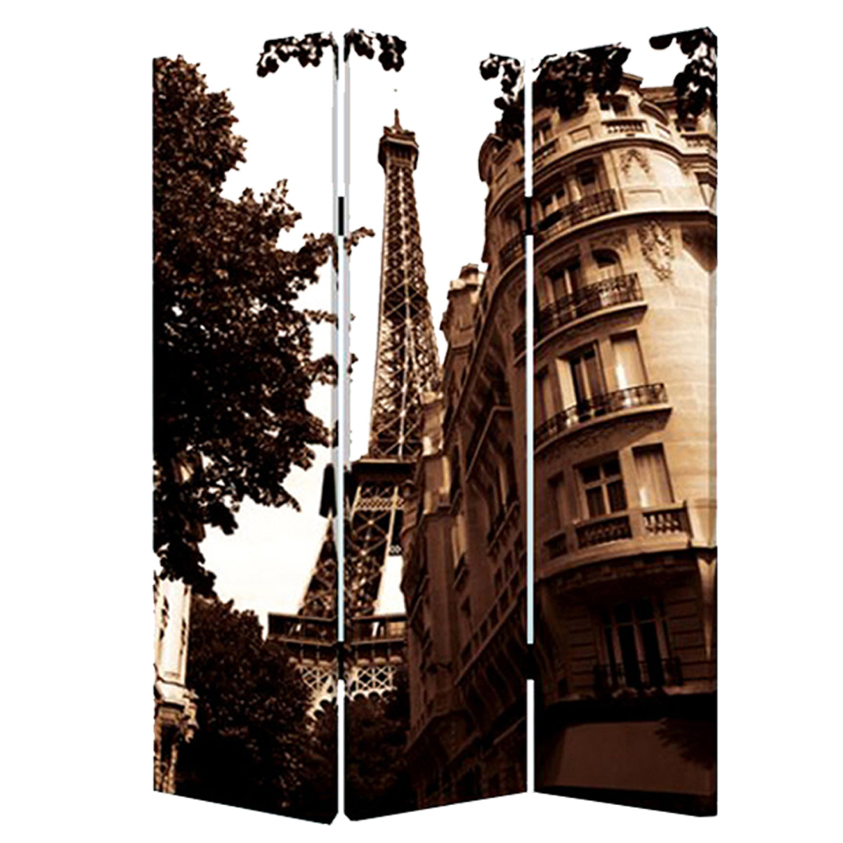 3 Panel Foldable Canvas Screen With Eiffel Tower Print, Brown By Benzara | Room Divider |  Modishstore 