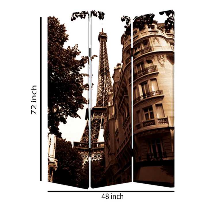 3 Panel Foldable Canvas Screen With Eiffel Tower Print, Brown By Benzara | Room Divider |  Modishstore  - 2