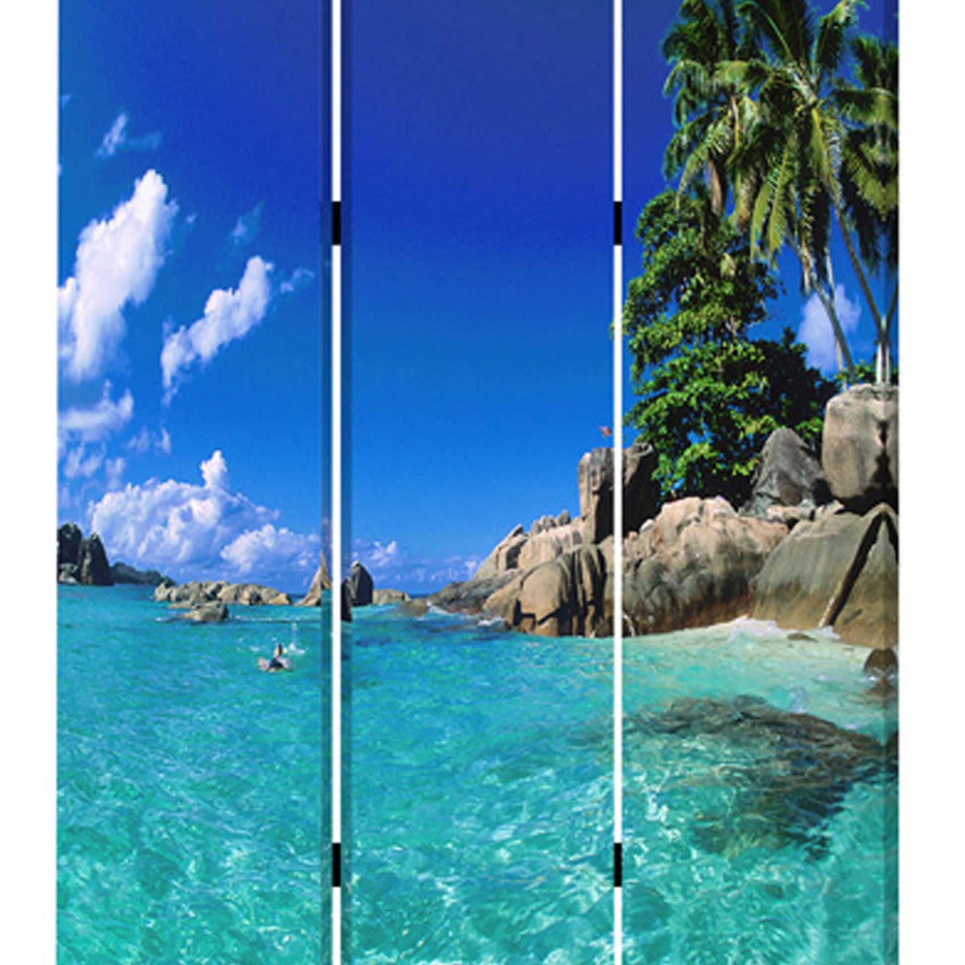 3 Panel Foldable Canvas Screen With Exotic Oceanside Print, Multicolor By Benzara | Room Divider |  Modishstore  - 2