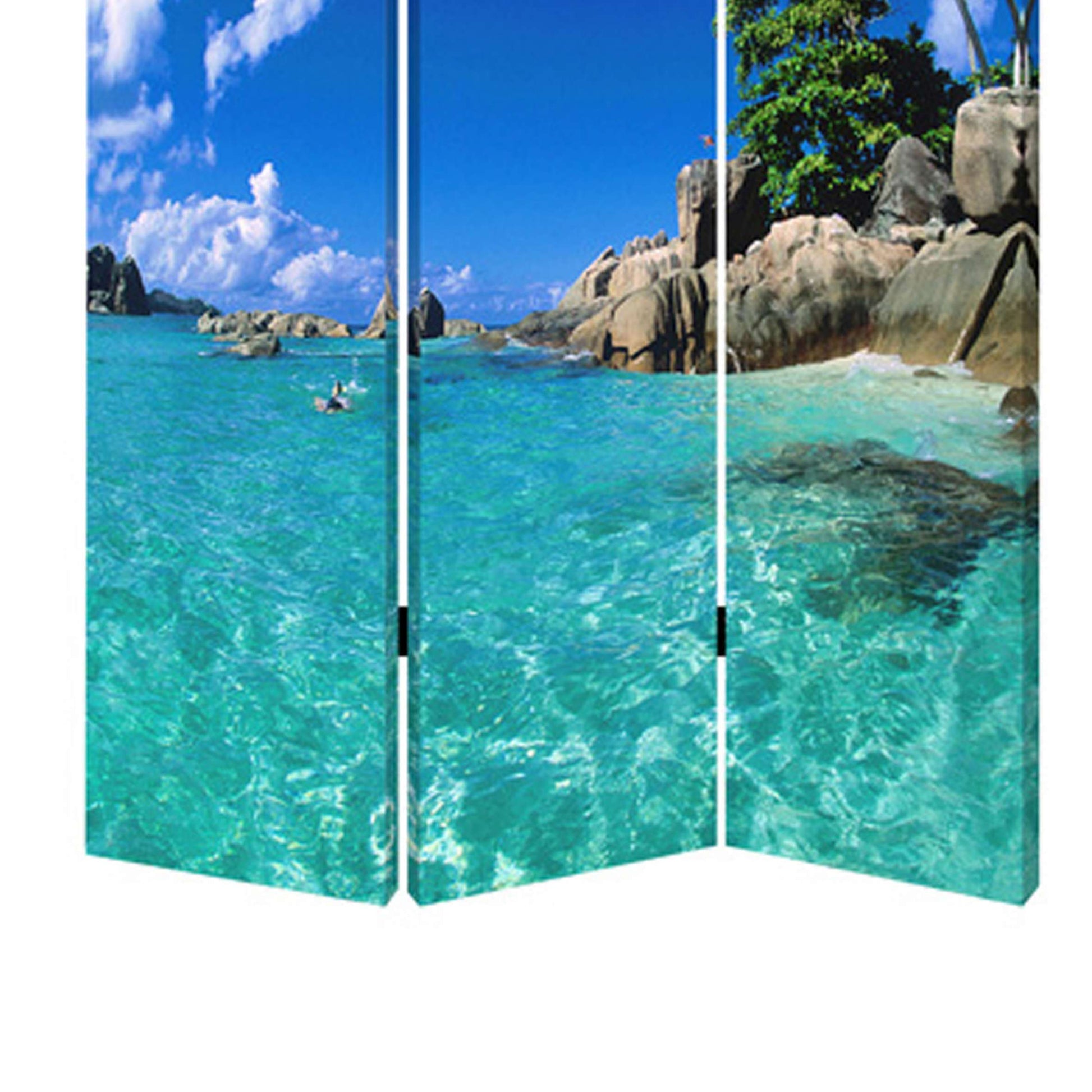 3 Panel Foldable Canvas Screen With Exotic Oceanside Print, Multicolor By Benzara | Room Divider |  Modishstore  - 5