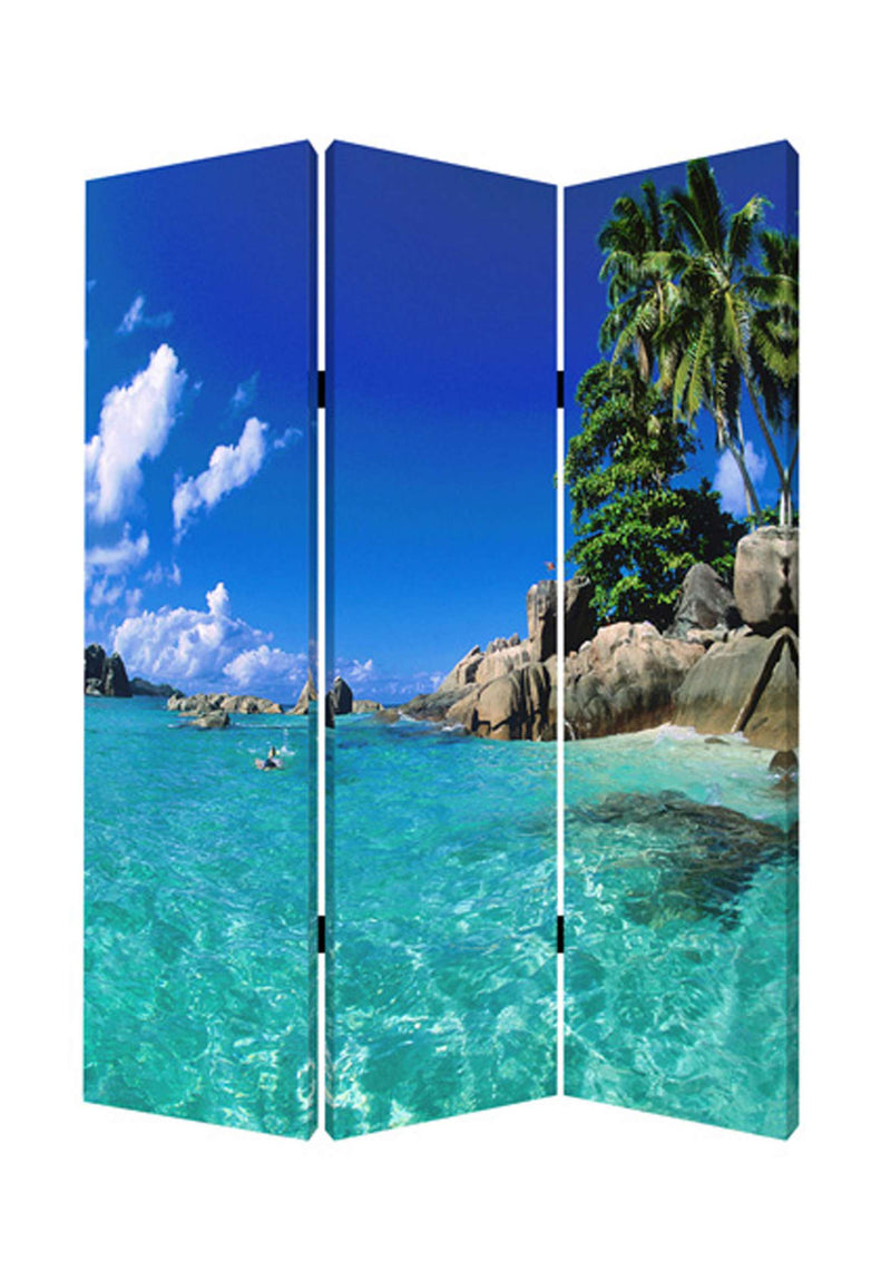 3 Panel Foldable Canvas Screen With Exotic Oceanside Print, Multicolor By Benzara | Room Divider |  Modishstore 