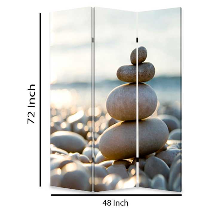 3 Panel Foldable Canvas Screen With Pebble Print, Brown And White By Benzara | Room Divider |  Modishstore 