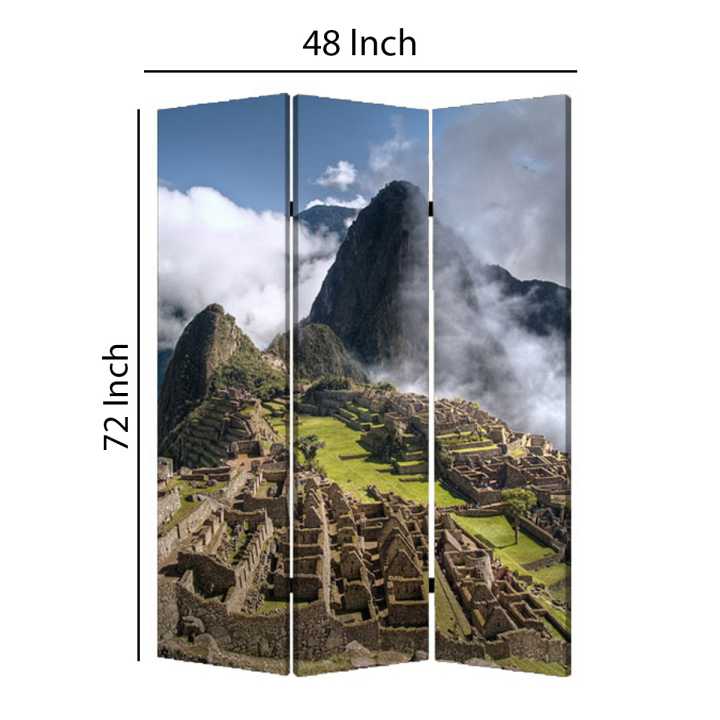 3 Panel Foldable Canvas Screen With Machu Picchu Print, Multicolor By Benzara | Room Divider |  Modishstore  - 2