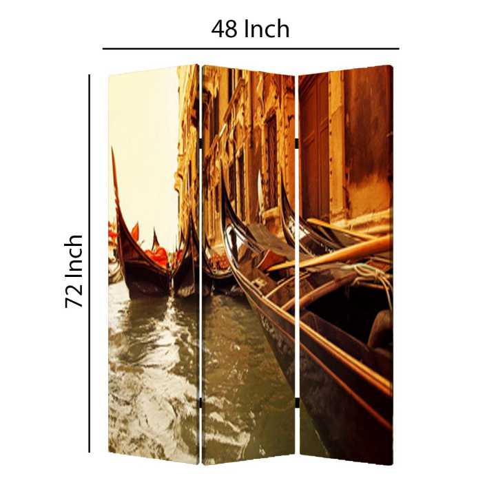 Venice Street Printed Foldable Screen With 3 Panels, Brown By Benzara | Room Divider |  Modishstore  - 2
