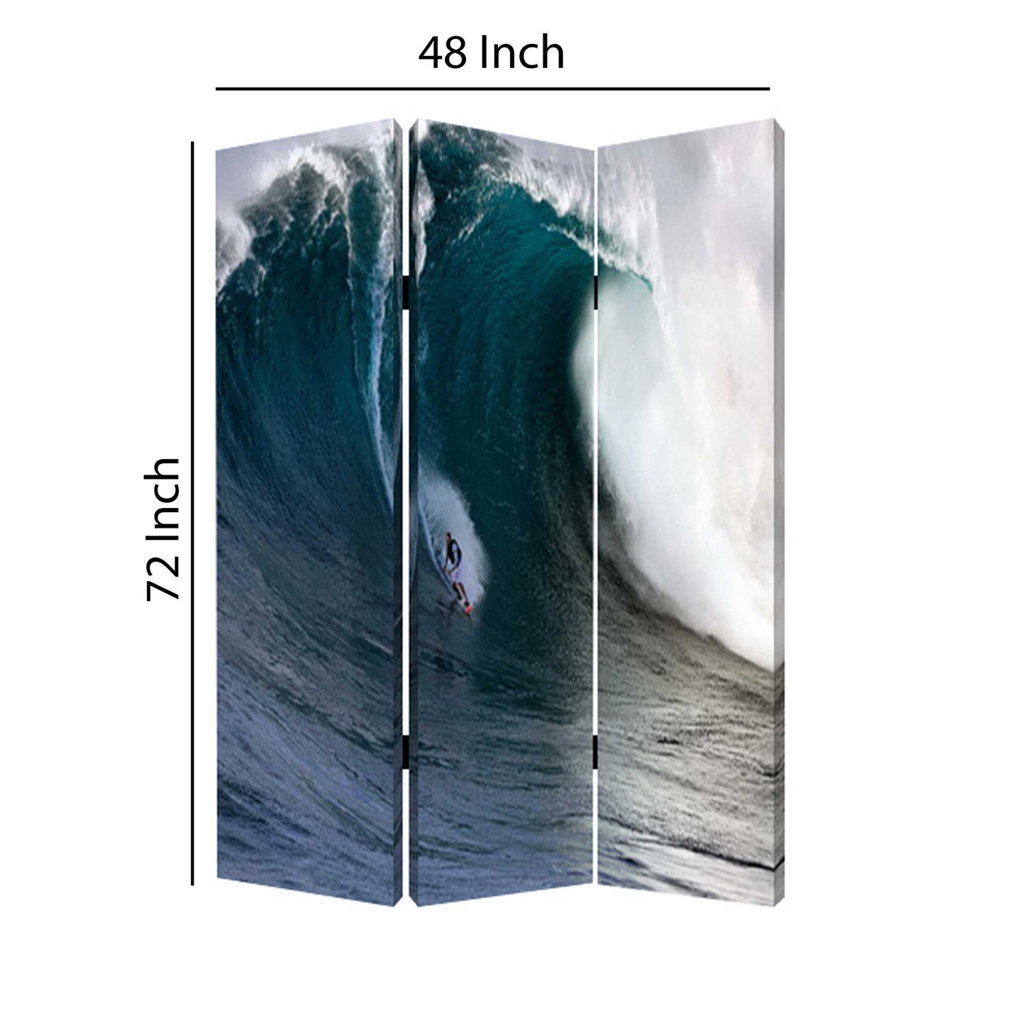 Surfing High Wave Print Foldable Canvas Screen With 3 Panels, Blue By Benzara | Room Divider |  Modishstore  - 2