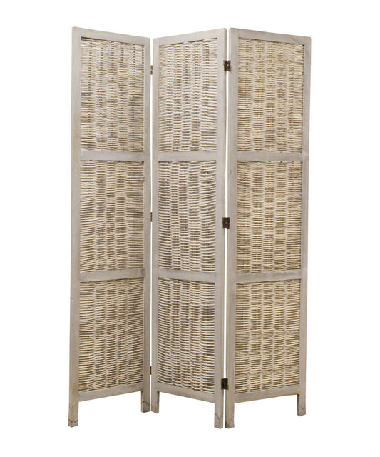Cottage Style 3 Panel Room Divider With Willow Weaving, Gray By Benzara | Room Divider |  Modishstore 