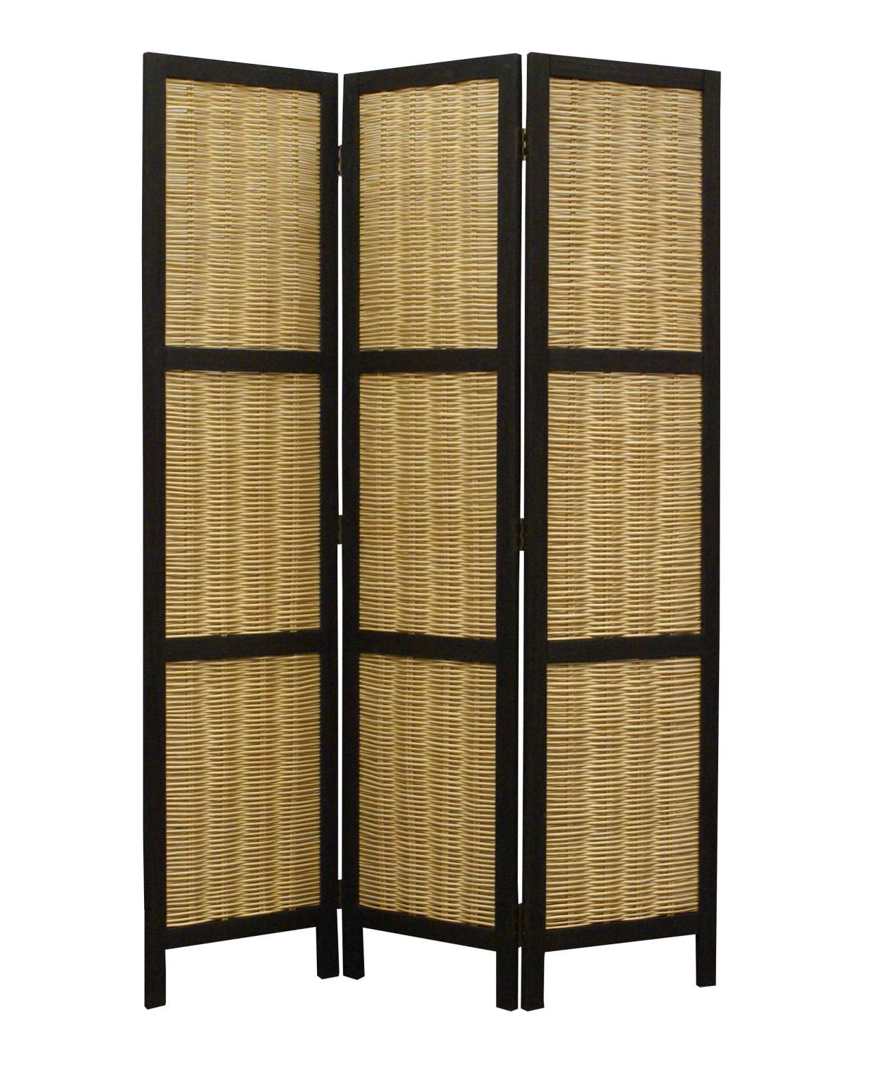 Cottage Style 3 Panel Room Divider With Willow Weaving, Black And Brown By Benzara | Room Divider |  Modishstore 