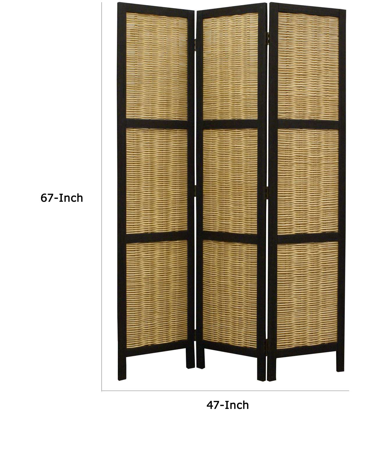 Cottage Style 3 Panel Room Divider With Willow Weaving, Black And Brown By Benzara | Room Divider |  Modishstore  - 2