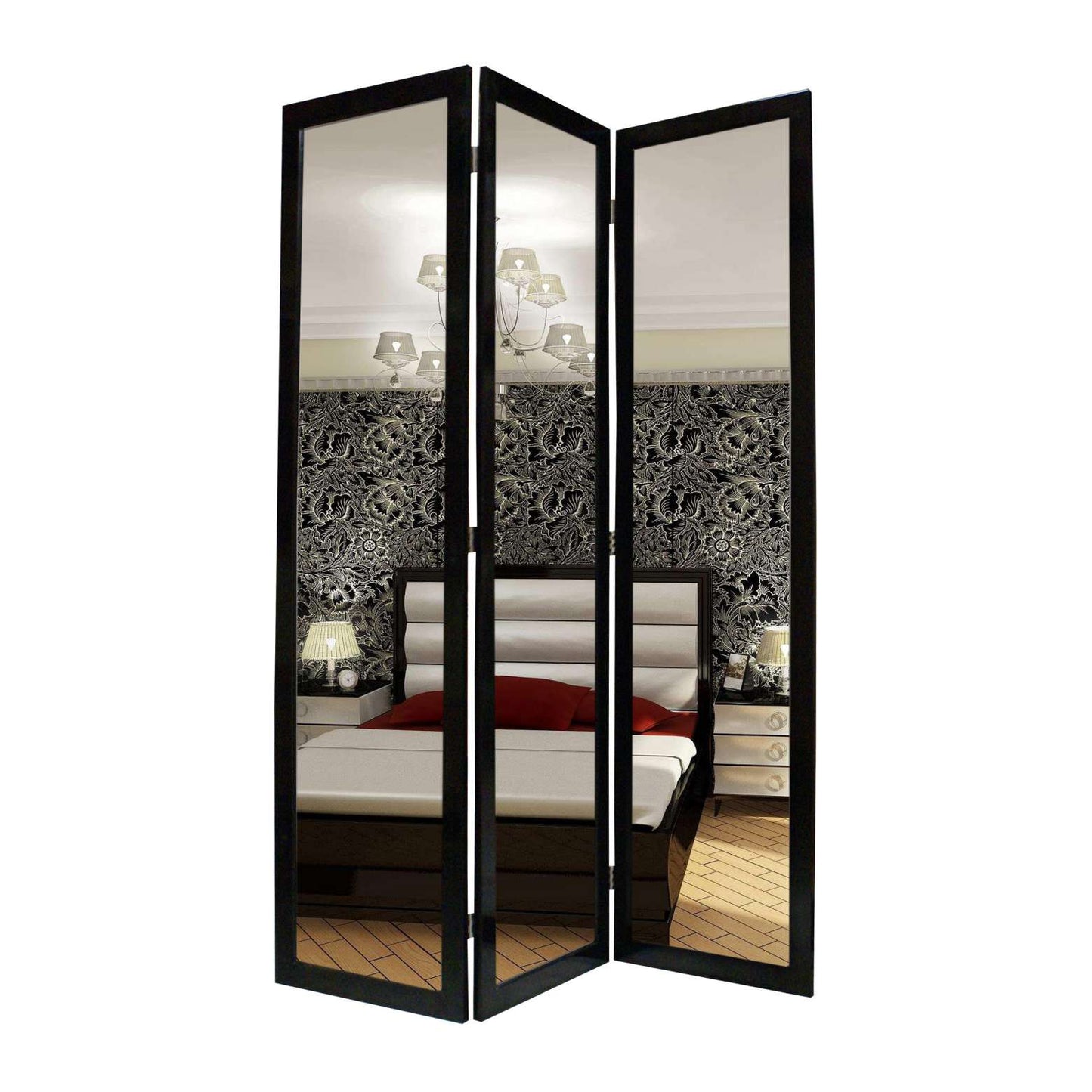 3 Panel Wooden Foldable Mirror Encasing Room Divider, Black And Silver By Benzara | Room Divider |  Modishstore 