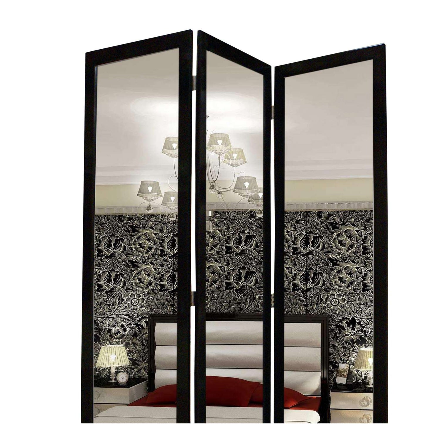 3 Panel Wooden Foldable Mirror Encasing Room Divider, Black And Silver By Benzara | Room Divider |  Modishstore  - 5