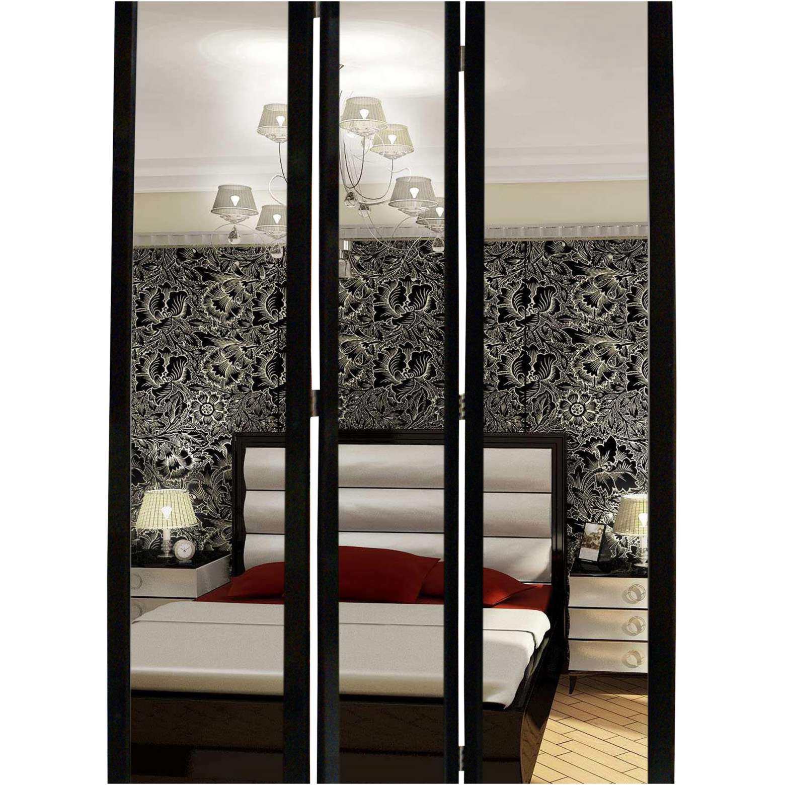 3 Panel Wooden Foldable Mirror Encasing Room Divider, Black And Silver By Benzara | Room Divider |  Modishstore  - 4