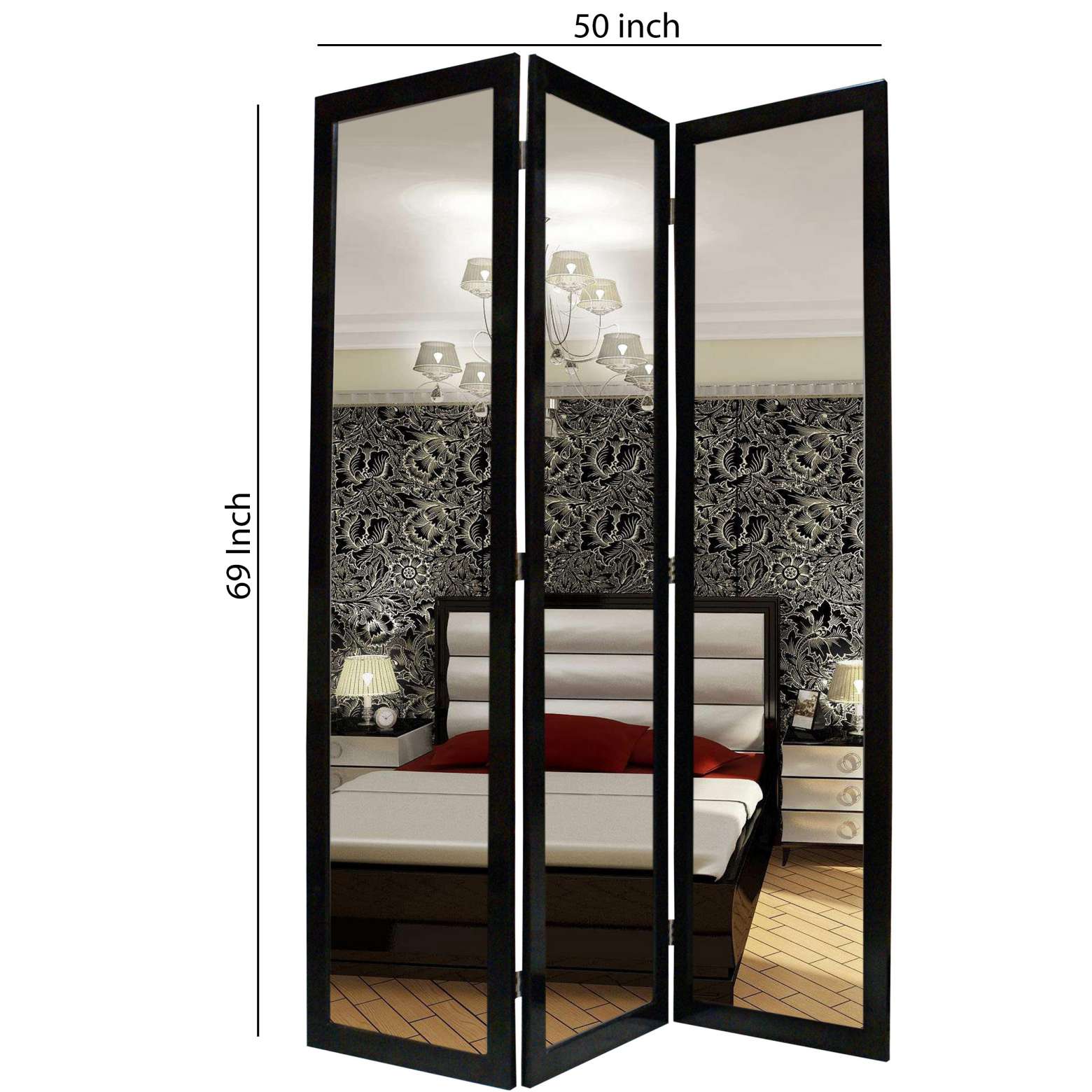 3 Panel Wooden Foldable Mirror Encasing Room Divider, Black And Silver By Benzara | Room Divider |  Modishstore  - 2
