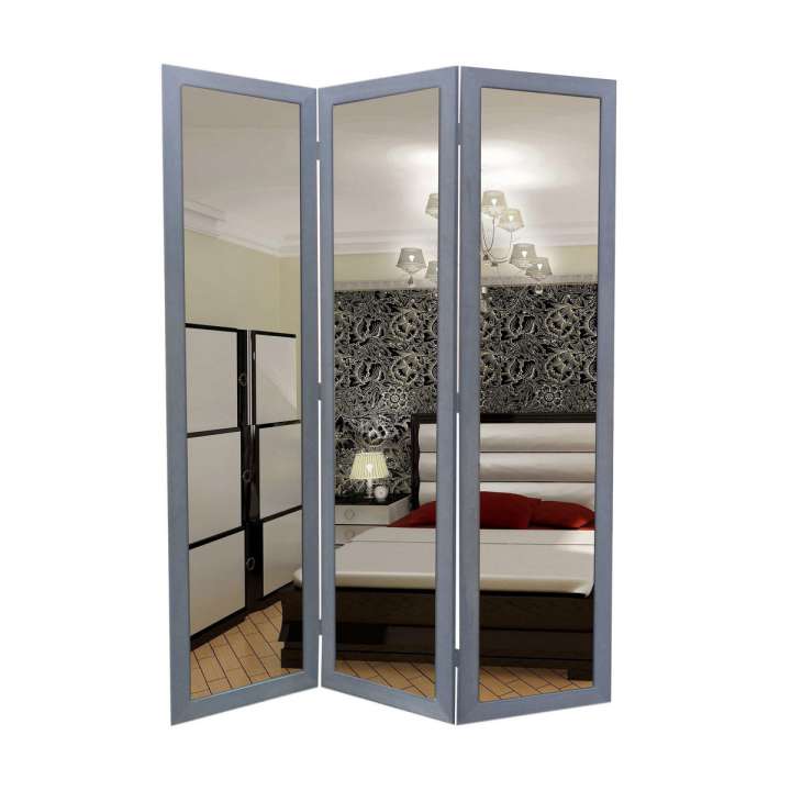 3 Panel Wooden Foldable Mirror Encasing Room Divider,Light Gray And Silver By Benzara | Room Divider |  Modishstore 