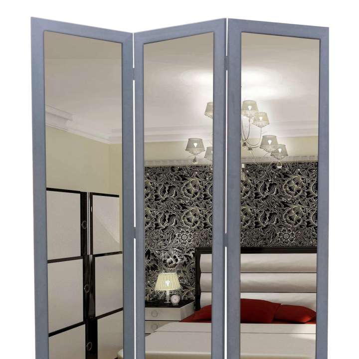 3 Panel Wooden Foldable Mirror Encasing Room Divider,Light Gray And Silver By Benzara | Room Divider |  Modishstore  - 5