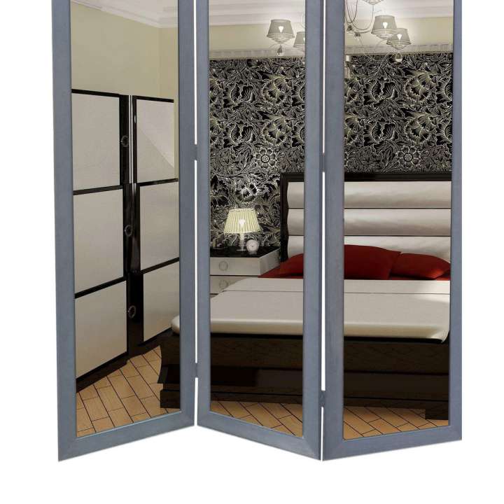 3 Panel Wooden Foldable Mirror Encasing Room Divider,Light Gray And Silver By Benzara | Room Divider |  Modishstore  - 3