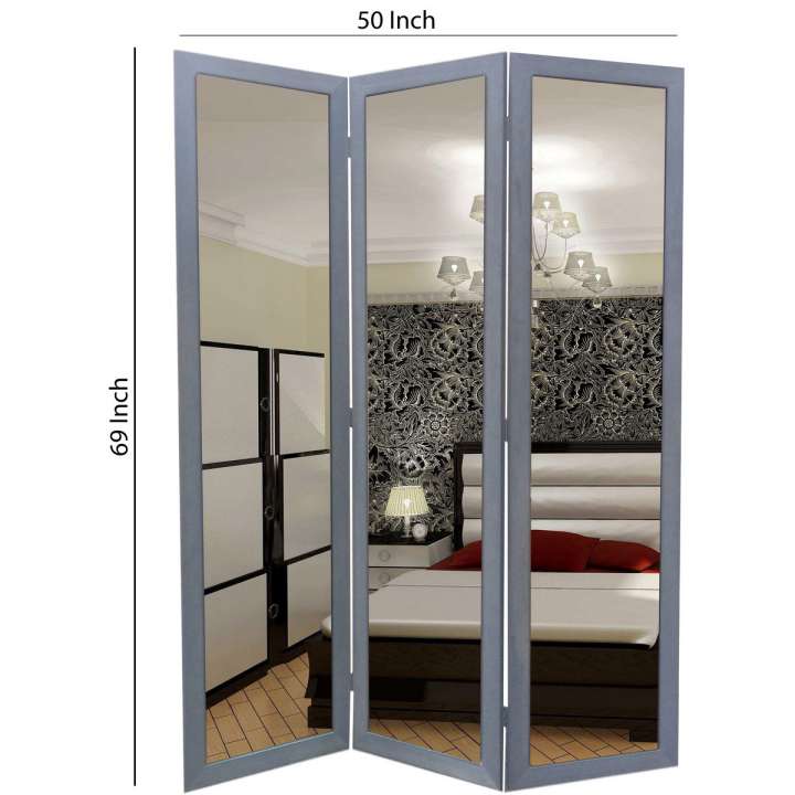 3 Panel Wooden Foldable Mirror Encasing Room Divider,Light Gray And Silver By Benzara | Room Divider |  Modishstore  - 2
