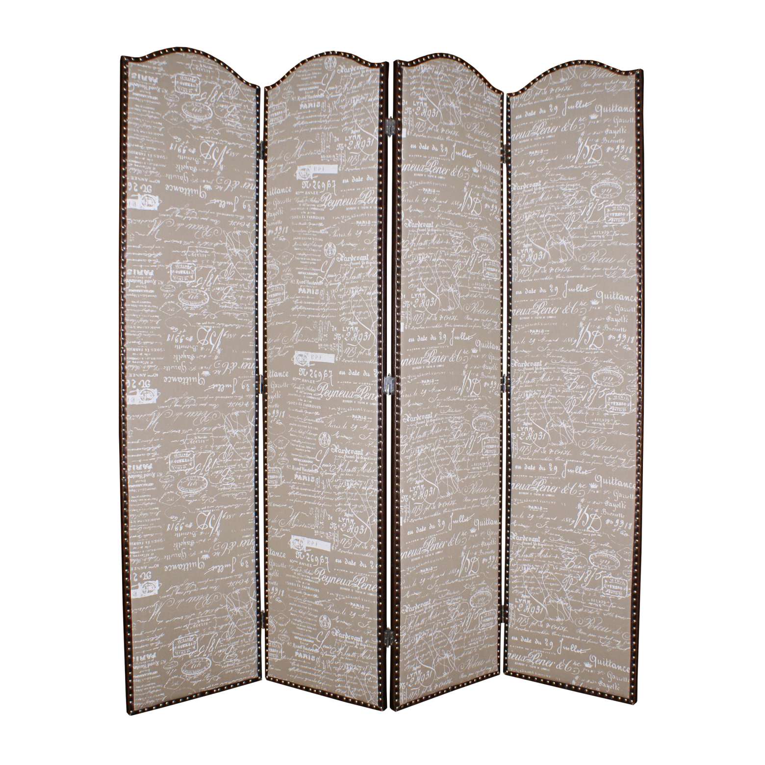 4 Panel Scripted Fabric Wooden Scalloped Room Divider, Beige And Brown By Benzara | Room Divider |  Modishstore 