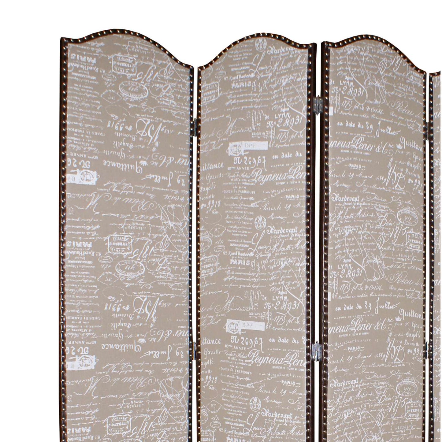 4 Panel Scripted Fabric Wooden Scalloped Room Divider, Beige And Brown By Benzara | Room Divider |  Modishstore  - 5
