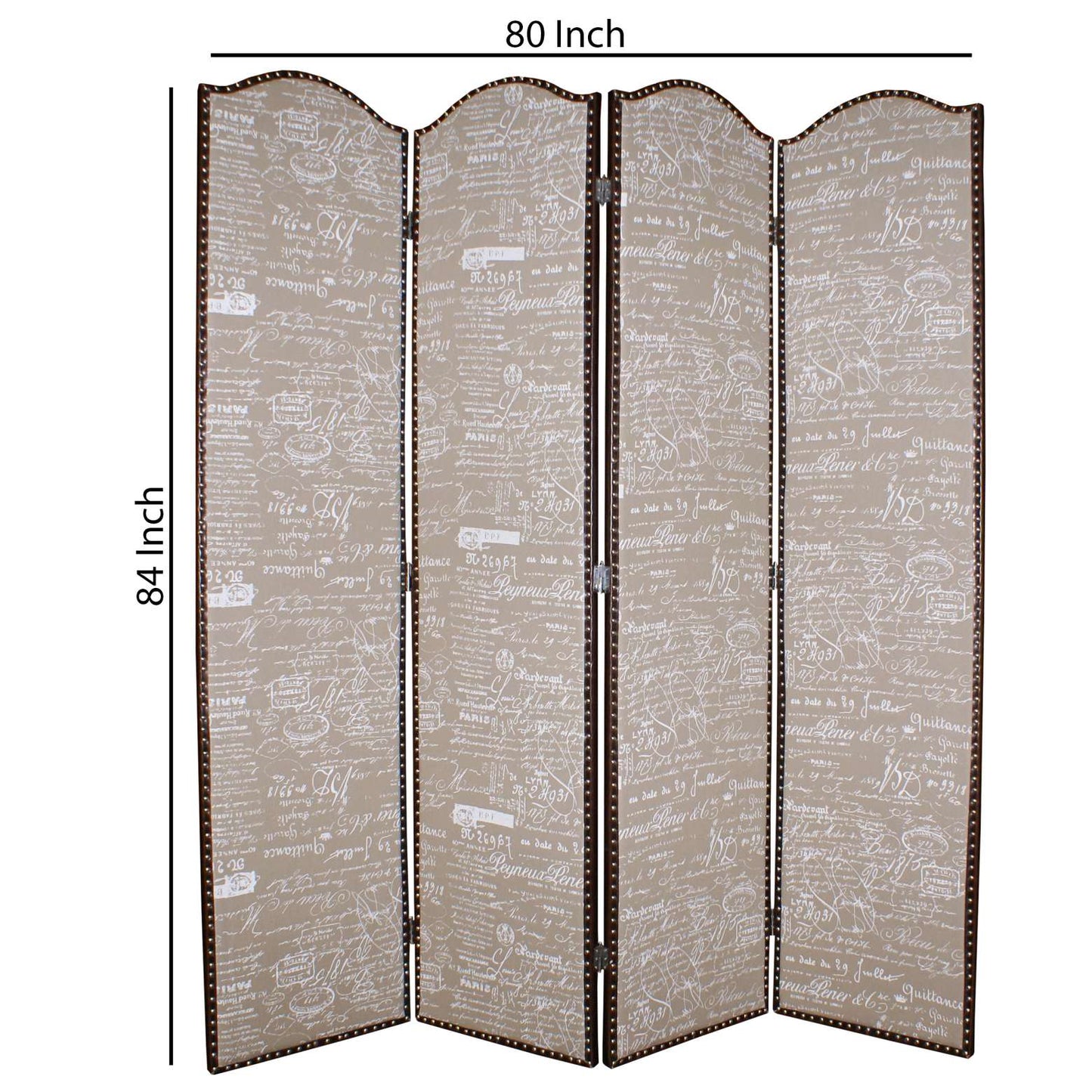 4 Panel Scripted Fabric Wooden Scalloped Room Divider, Beige And Brown By Benzara | Room Divider |  Modishstore  - 2
