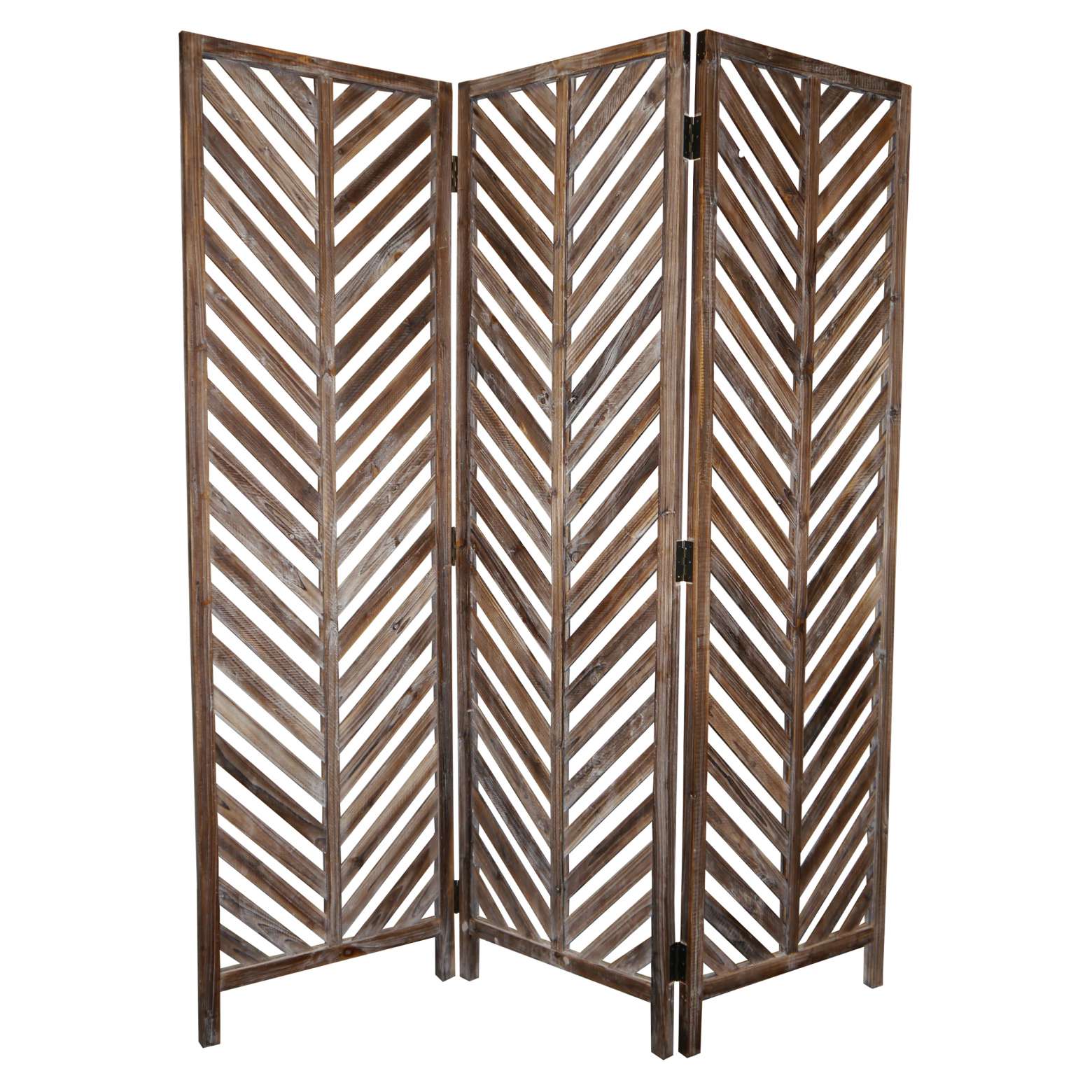 3 Panel Foldable Wooden Screen With Herringbone Pattern, Brown By Benzara | Room Divider |  Modishstore 