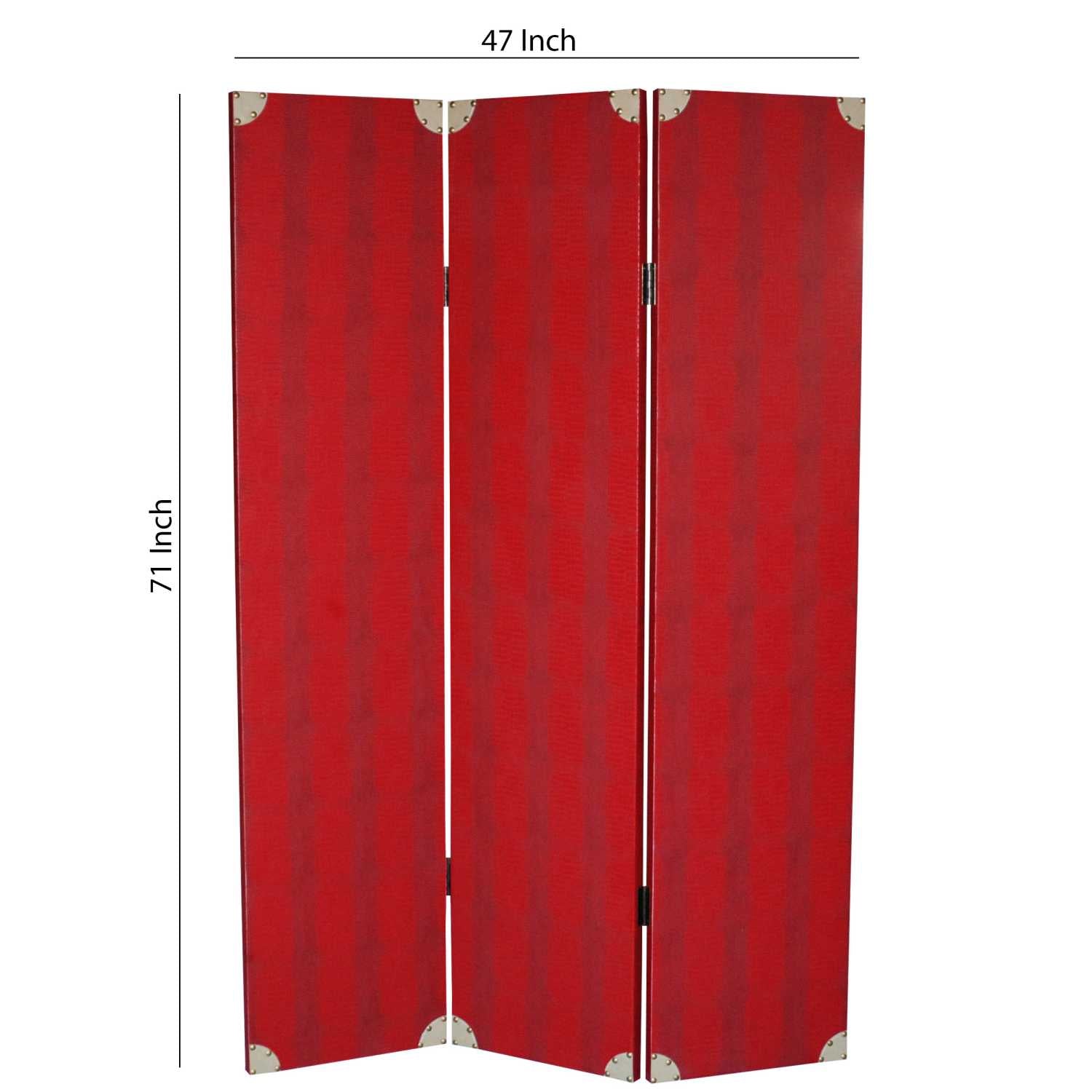 Transitional 3 Panel Wooden Screen With Nailhead Trim, Red By Benzara | Room Divider |  Modishstore 
