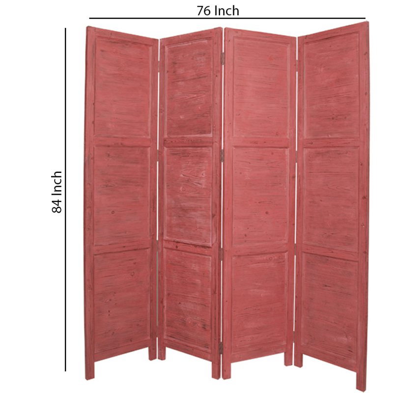 Wooden 4 Panel Foldable Floor Screen With Textured Panels, Red By Benzara | Room Divider |  Modishstore  - 5