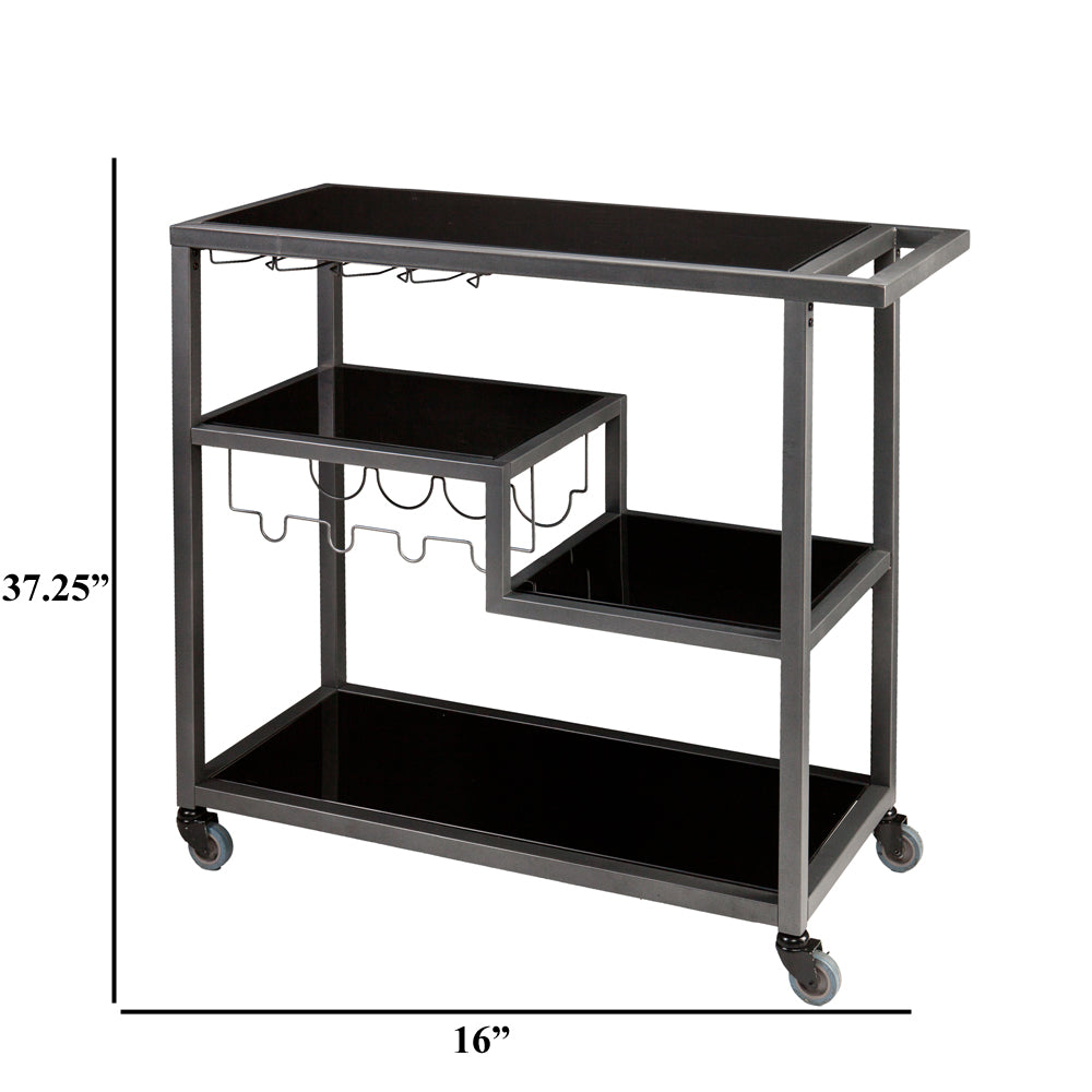 Contemporary Style Metal Bar Cart With Tempered Glass Shelves, Gunmetal Gray Black By Benzara | Bar Carts | Modishstore - 4