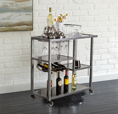 Contemporary Style Metal Bar Cart With Tempered Glass Shelves, Gunmetal Gray Black By Benzara