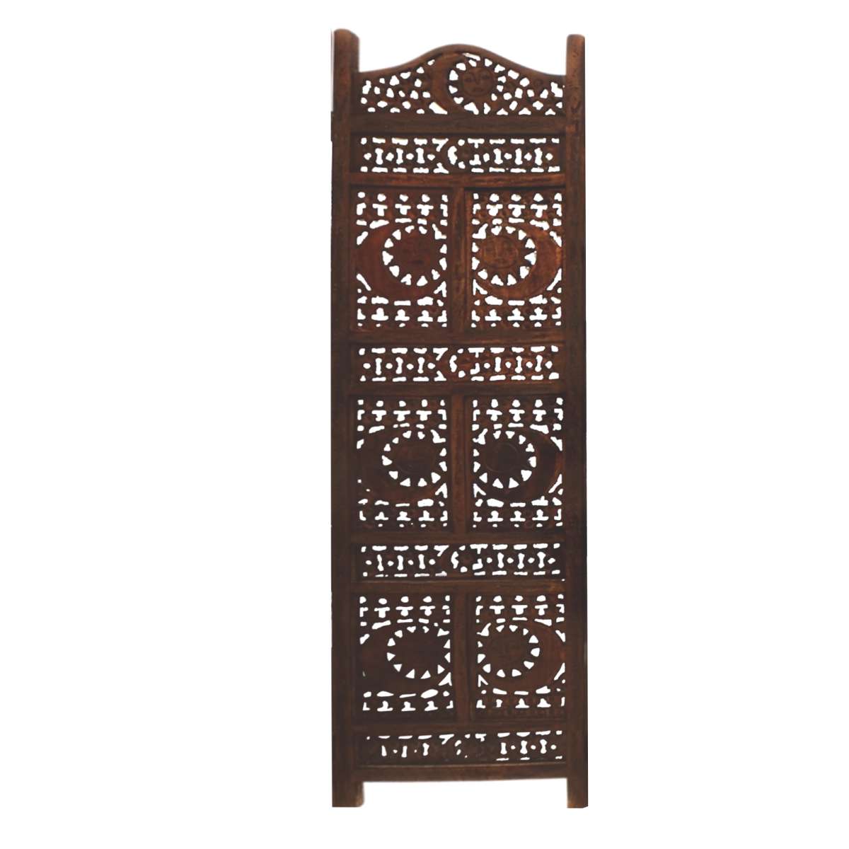 Hand Carved Sun And Moon Design Foldable 4 Panel Wooden Room Divider, Brown  By Benzara | Room Divider |  Modishstore  - 3