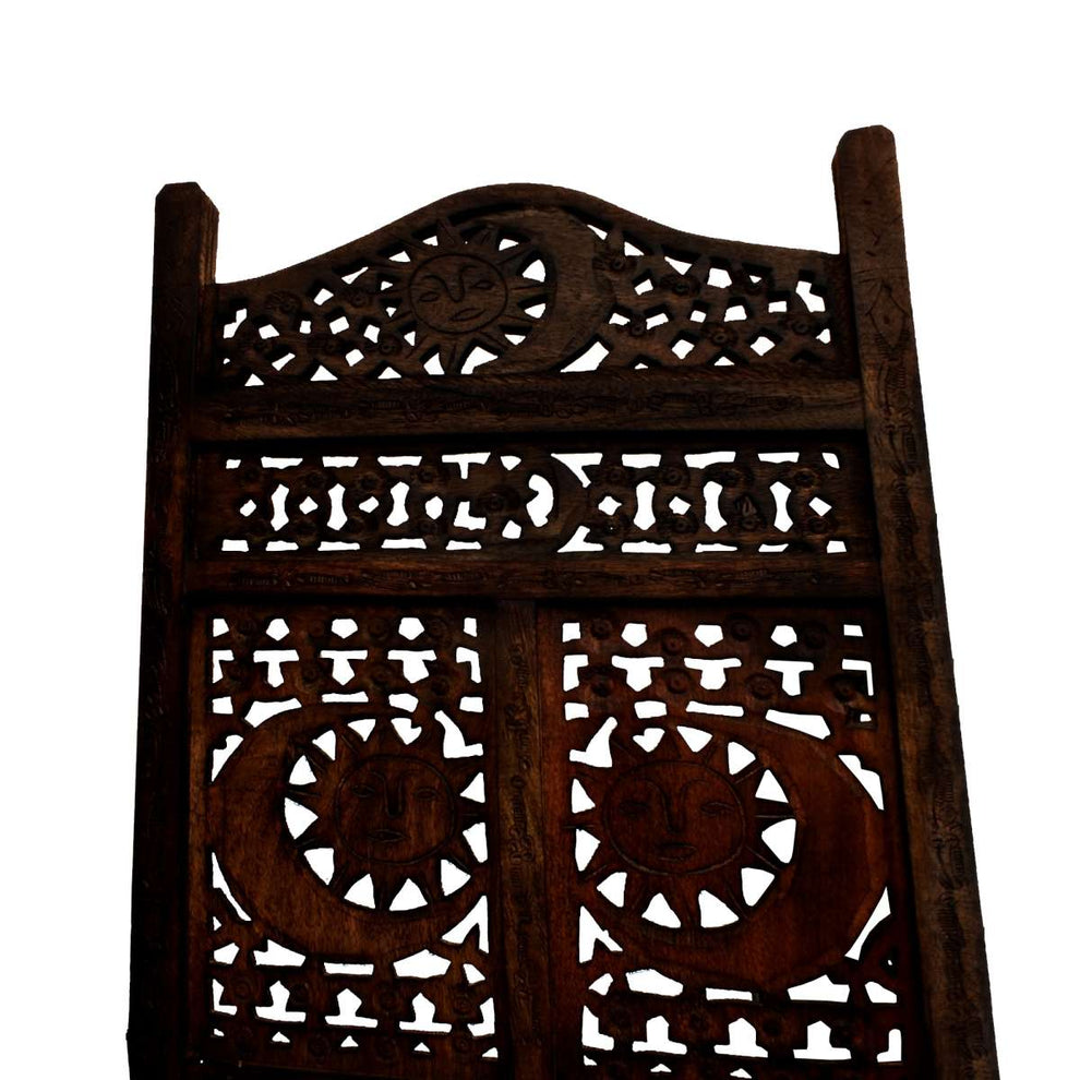 Hand Carved Sun And Moon Design Foldable 4 Panel Wooden Room Divider, Brown  By Benzara | Room Divider |  Modishstore  - 4