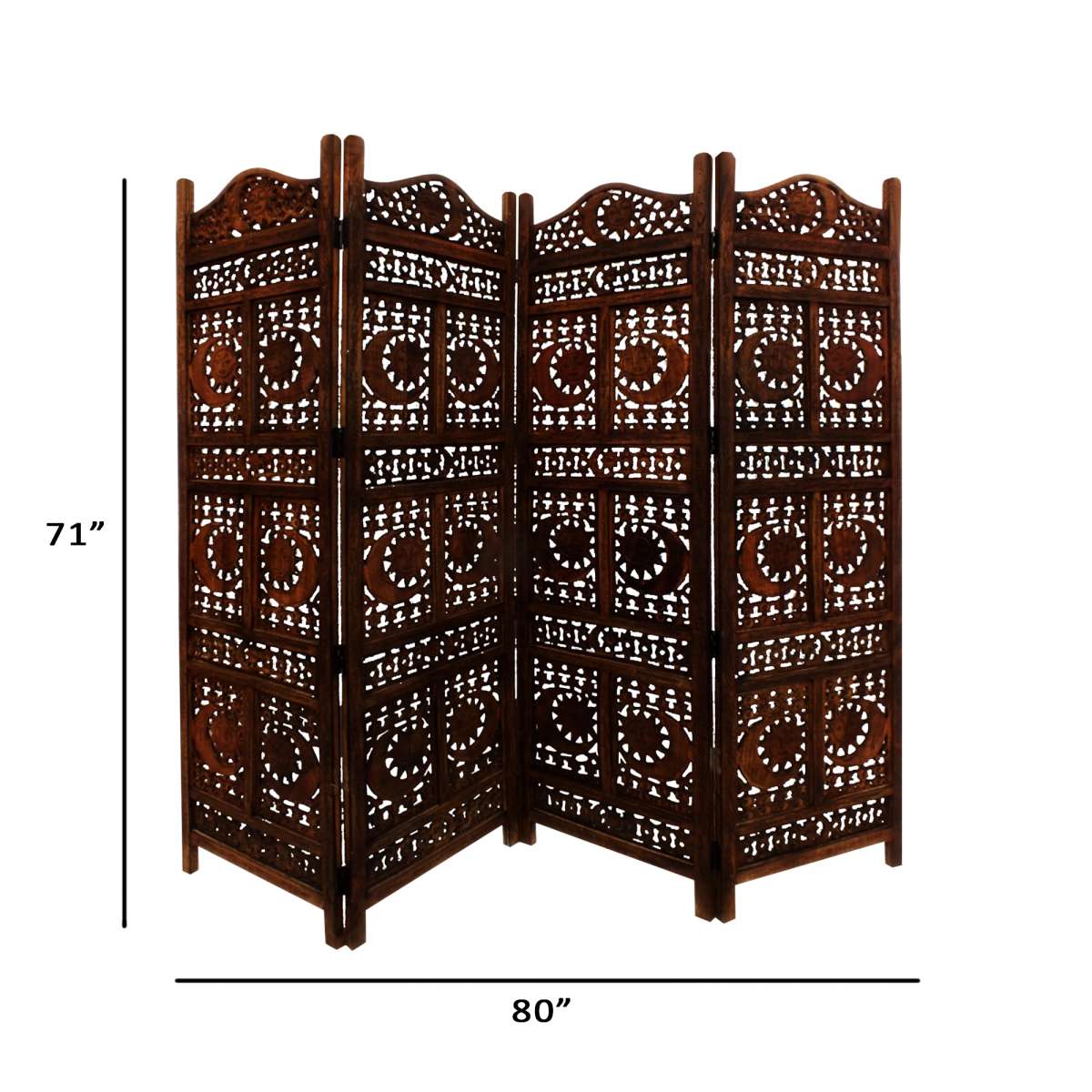 Hand Carved Sun And Moon Design Foldable 4 Panel Wooden Room Divider, Brown  By Benzara | Room Divider |  Modishstore  - 5