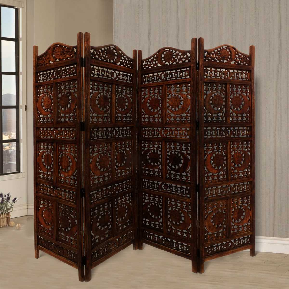 Hand Carved Sun And Moon Design Foldable 4 Panel Wooden Room Divider, Brown  By Benzara | Room Divider |  Modishstore  - 2