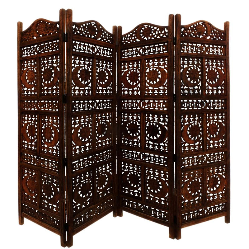 Hand Carved Sun And Moon Design Foldable 4 Panel Wooden Room Divider, Brown  By Benzara | Room Divider |  Modishstore 