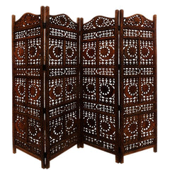 Hand Carved Sun And Moon Design Foldable 4 Panel Wooden Room Divider, Brown  By Benzara