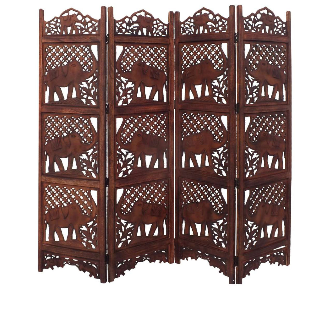 Benzara Hand Carved Elephant Design Foldable 4-Panel Wooden Room Divider, Brown By Benzara | Room Divider |  Modishstore  - 2